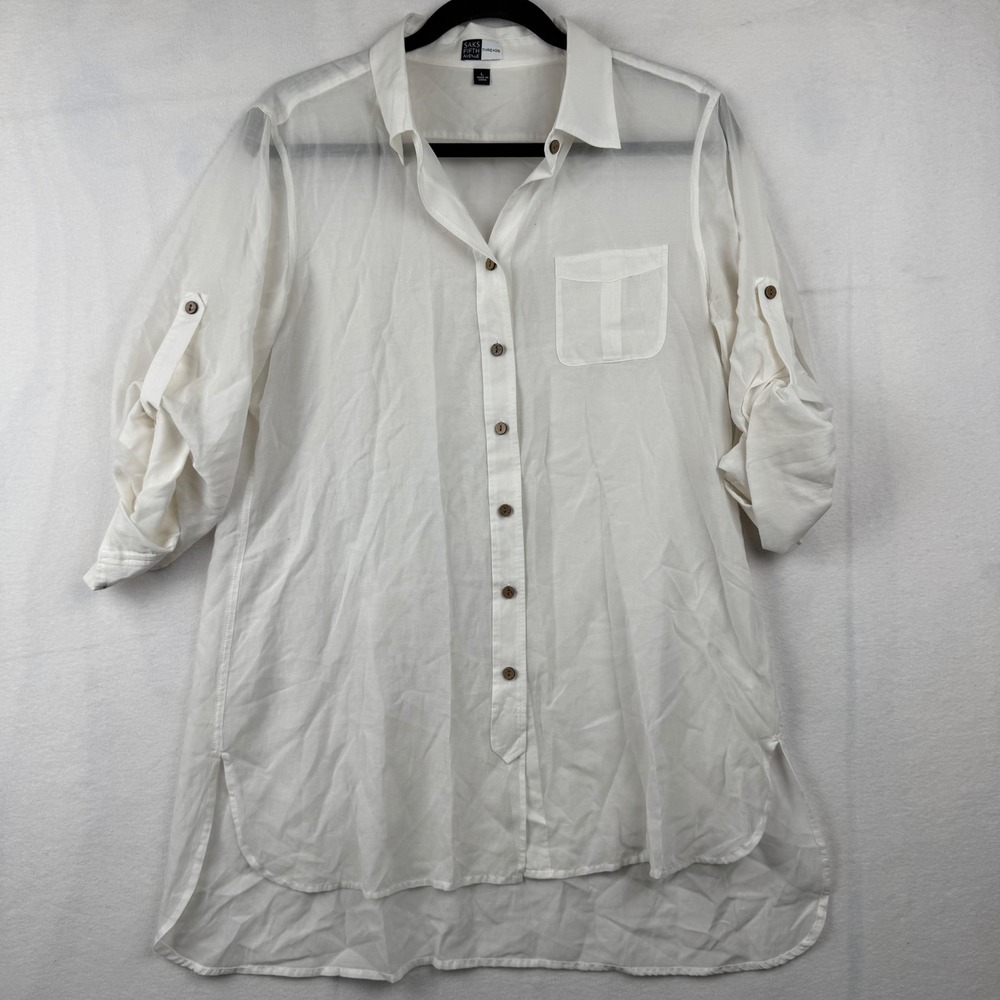 Saks Fifth Avenue Threads White Tunic Top Roll Tab Sleeves Womens Large